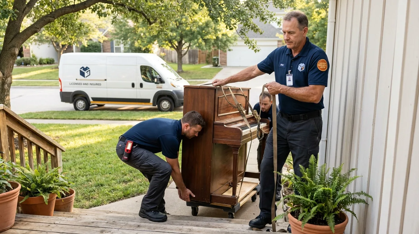 Licensed piano movers securing grand piano in Aptos, CA