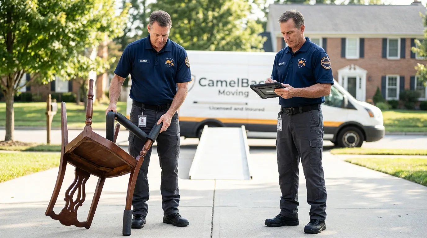 Movers inspecting furniture for damage prevention before loading in Aptos, CA